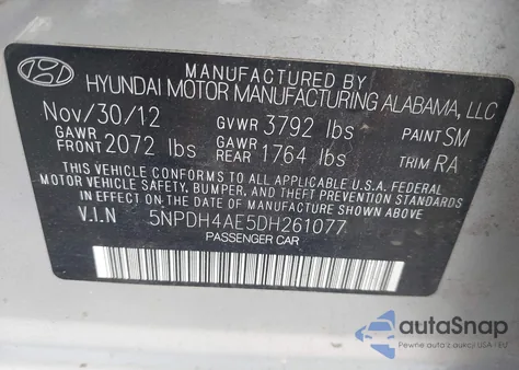 2013 Hyundai Elantra Gls z USA, uszkodzony, nr VIN 5NPDH4AE5DH261077